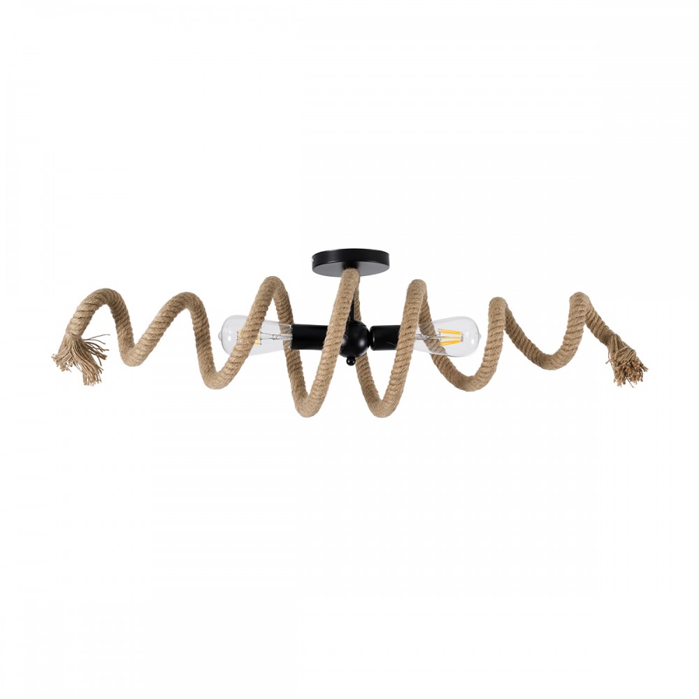 GloboStar® SPIRAL 01188 Vintage Φωτιστικό Οροφής Πλέγμα Δίφωτο 2 x E27 IP20 Μαύρο Μέταλλο με Μπεζ Σχοινί - Μ20 x Π20 x Υ75cm