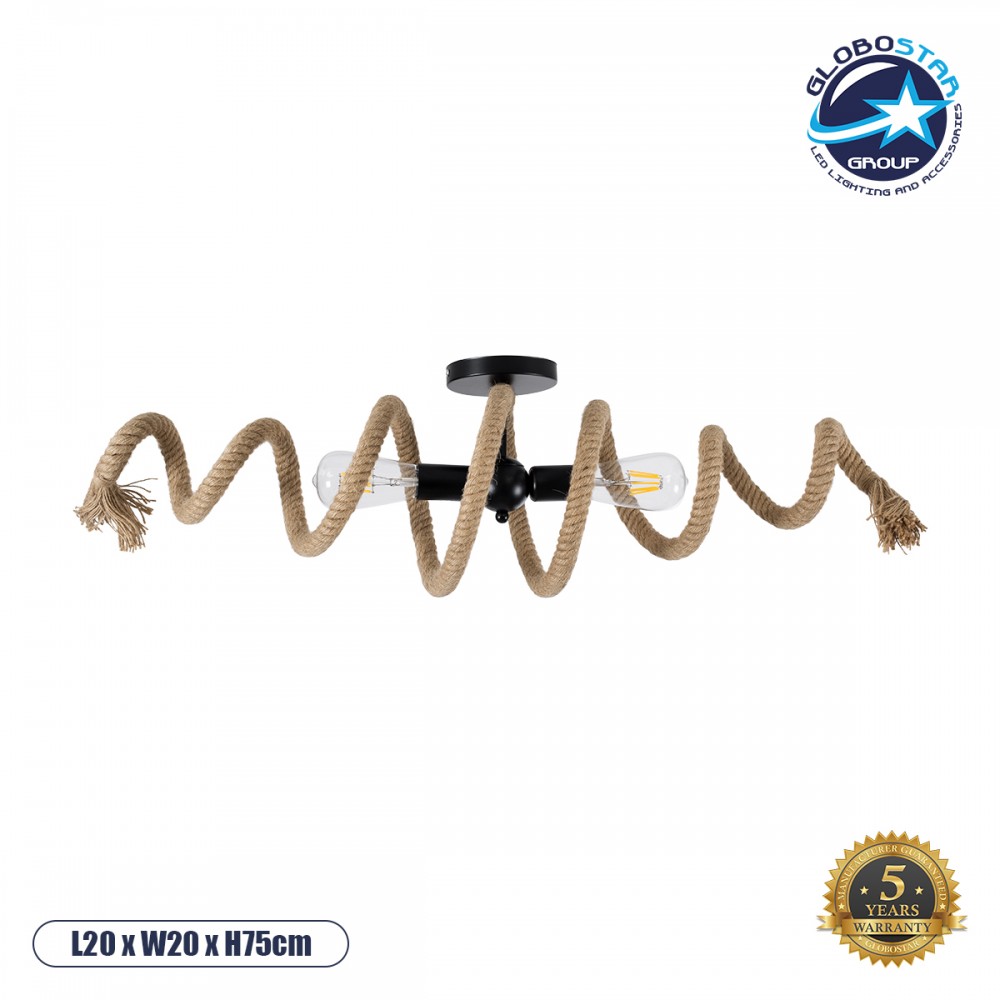 GloboStar® SPIRAL 01188 Vintage Φωτιστικό Οροφής Πλέγμα Δίφωτο 2 x E27 IP20 Μαύρο Μέταλλο με Μπεζ Σχοινί - Μ20 x Π20 x Υ75cm
