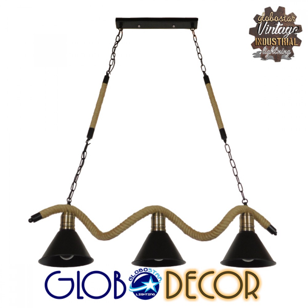 GLOBOSTAR® TYMEN 01189 Vintage Κρεμαστό Φωτιστικό Οροφής με Ντουί 3 x E27 AC 220-240V IP20 - Μαύρο & Μπεζ - Μ85 x Π18.5 x Υ20cm