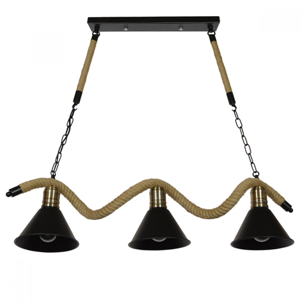 GloboStar® TYMEN 01189 Vintage Φωτιστικό Οροφής Τρίφωτο 3 x E27 Μαύρο Μεταλλικό Καμπάνα με Μπεζ Σχοινί Μ86 x Π22 x Υ23cm