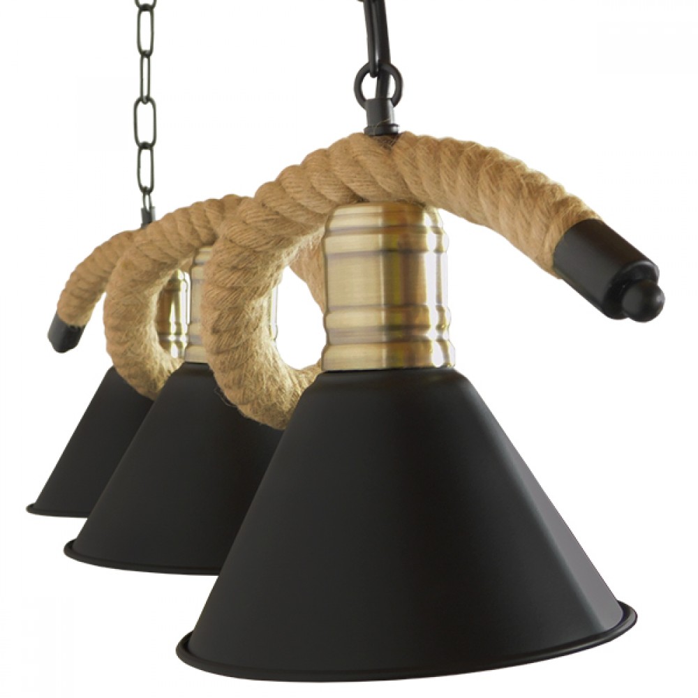GloboStar® TYMEN 01189 Vintage Φωτιστικό Οροφής Τρίφωτο 3 x E27 Μαύρο Μεταλλικό Καμπάνα με Μπεζ Σχοινί Μ86 x Π22 x Υ23cm