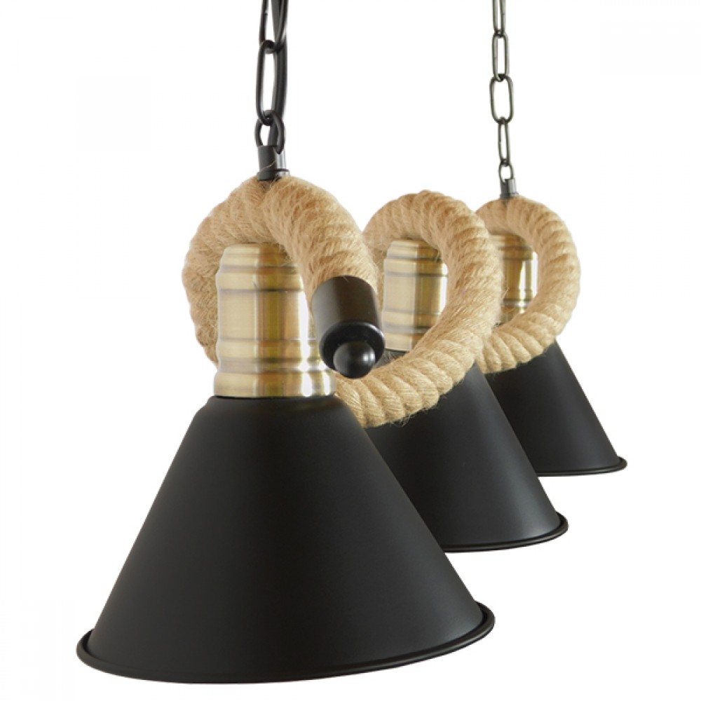 GloboStar® TYMEN 01189 Vintage Φωτιστικό Οροφής Τρίφωτο 3 x E27 Μαύρο Μεταλλικό Καμπάνα με Μπεζ Σχοινί Μ86 x Π22 x Υ23cm