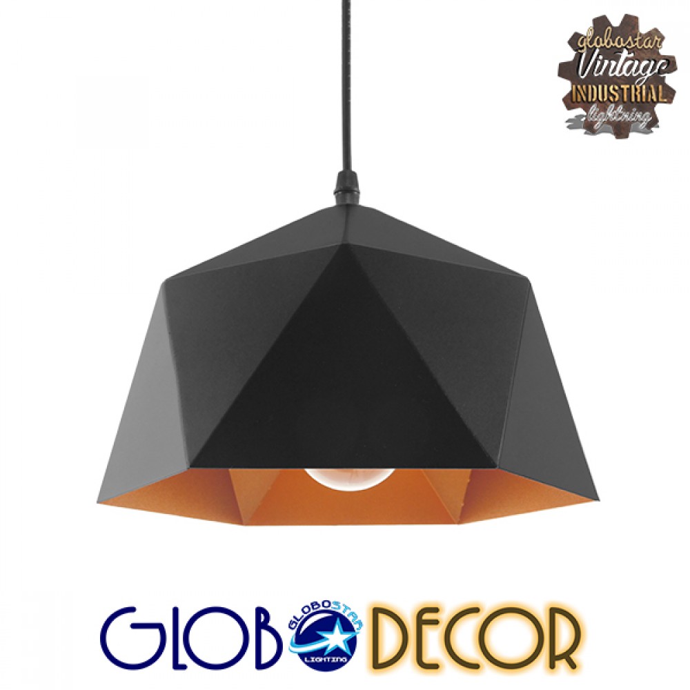 GloboStar® HEXAGON 01194 Μοντέρνο Κρεμαστό Φωτιστικό Καμπάνα Μονόφωτο 1 x E27 IP20 Μαύρο & Χρυσό Μέταλλο - Μ25 x Π25 x Υ15cm