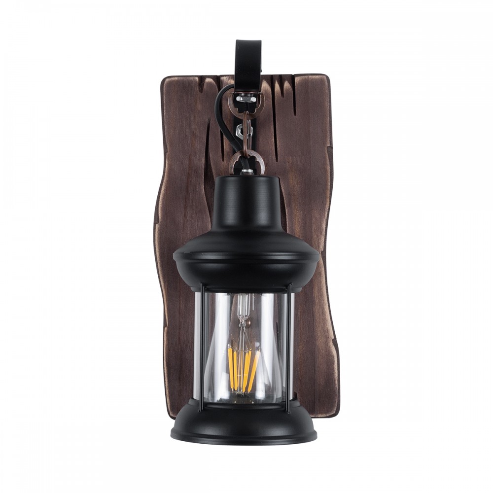 GloboStar® BRASRA 01204 Vintage Φωτιστικό Τοίχου Απλίκα Μονόφωτο 1 x E27 AC220-240V - Μ15 x Π20 x Υ30cm - Ξύλινο με Μαύρο Μεταλλικό Φανάρι και Διάφανο Γυαλί Πλέγμα - 5 Χρόνια Εγγύηση