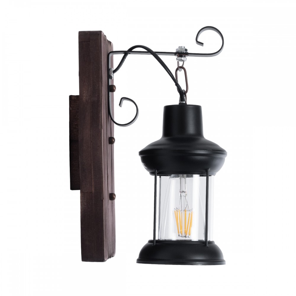 GloboStar® BRASRA 01204 Vintage Φωτιστικό Τοίχου Απλίκα Μονόφωτο 1 x E27 AC220-240V - Μ15 x Π20 x Υ30cm - Ξύλινο με Μαύρο Μεταλλικό Φανάρι και Διάφανο Γυαλί Πλέγμα - 5 Χρόνια Εγγύηση