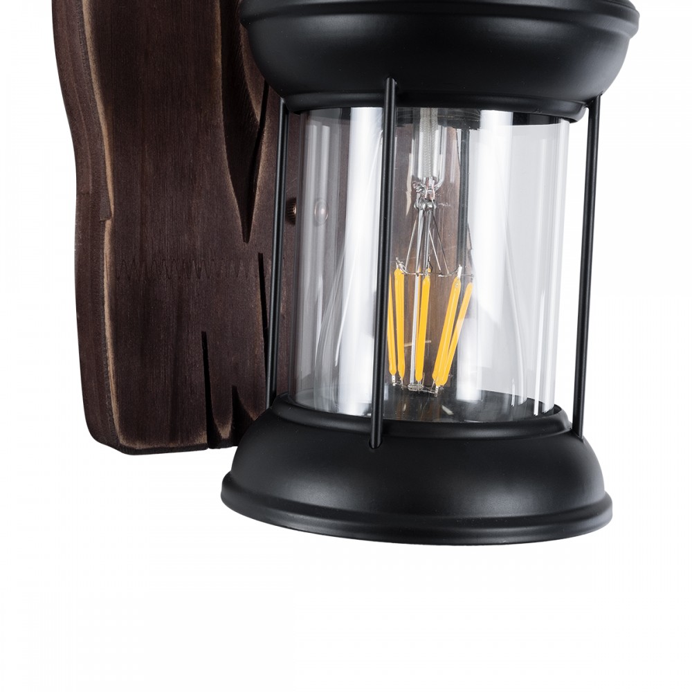GloboStar® BRASRA 01204 Vintage Φωτιστικό Τοίχου Απλίκα Μονόφωτο 1 x E27 AC220-240V - Μ15 x Π20 x Υ30cm - Ξύλινο με Μαύρο Μεταλλικό Φανάρι και Διάφανο Γυαλί Πλέγμα - 5 Χρόνια Εγγύηση