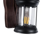 GloboStar® BRASRA 01204 Vintage Φωτιστικό Τοίχου Απλίκα Μονόφωτο 1 x E27 AC220-240V - Μ15 x Π20 x Υ30cm - Ξύλινο με Μαύρο Μεταλλικό Φανάρι και Διάφανο Γυαλί Πλέγμα - 5 Χρόνια Εγγύηση