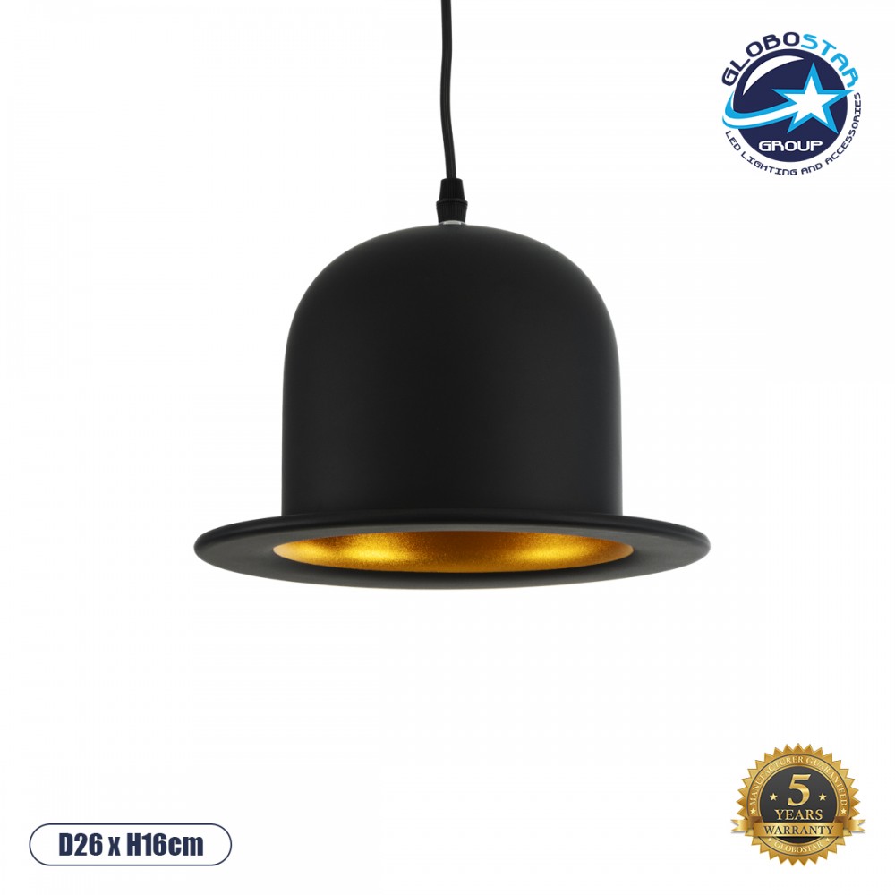 GLOBOSTAR® CHARLO 01214 Vintage Κρεμαστό Φωτιστικό Οροφής με Ντουί 1 x E27 AC 220-240V IP20 - Μαύρο & Χρυσό - Μ26 x Π26 x Υ16cm