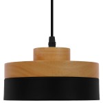 GloboStar® RUHIEL 01233 Μοντέρνο Κρεμαστό Φωτιστικό Οροφής Μονόφωτο 1 x E27 Μαύρο Μεταλλικό με Φυσικό Ξύλο Καμπάνα Φ18 x Y12cm