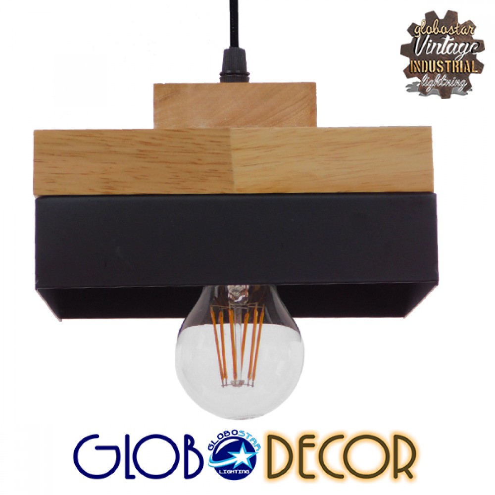 GloboStar® RUHIEL 01234 Μοντέρνο Κρεμαστό Φωτιστικό Καμπάνα Μονόφωτο 1 x E27 IP20 Μαύρο Μέταλλο με Μπεζ Ξύλο - Μ18 x Π18 x Υ12cm
