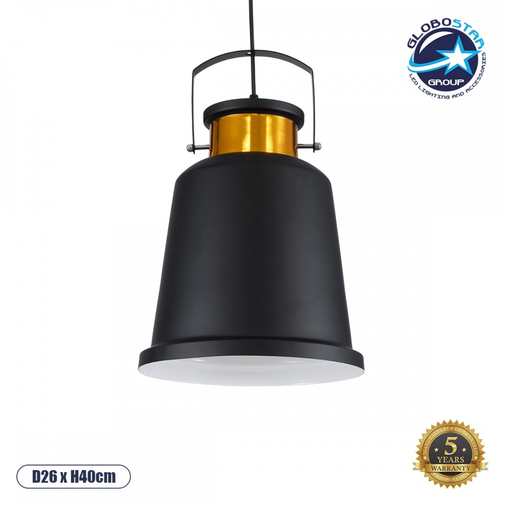 GloboStar® NUNZIATA 01236 Vintage Κρεμαστό Φωτιστικό Καμπάνα Μονόφωτο 1 x E27 IP20 Μαύρο & Χρυσό Μέταλλο - Μ26 x Π26 x Υ40cm
