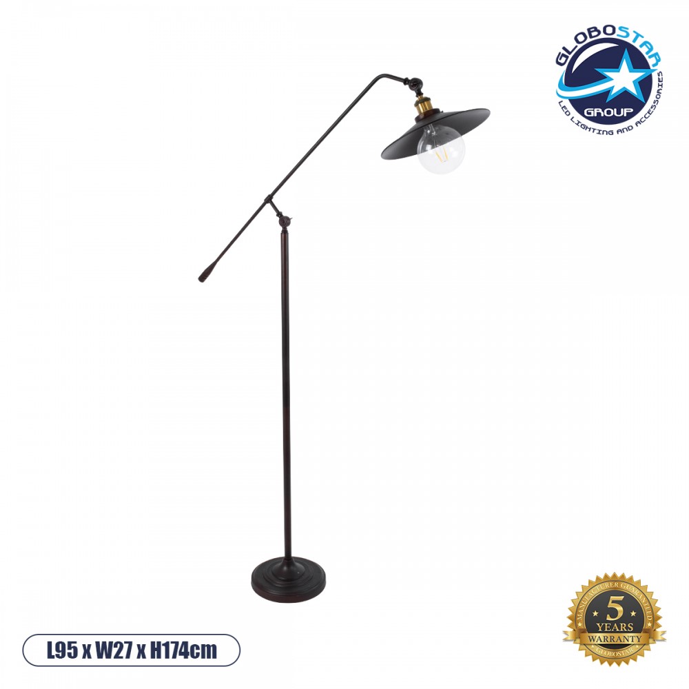 GloboStar® SILENE 01243 Vintage Επιδαπέδιο Φωτιστικό Μονόφωτο 1 x E27 IP20 Μαύρο & Χρυσό Μέταλλο - Μ30 x Π30 x Υ194cm