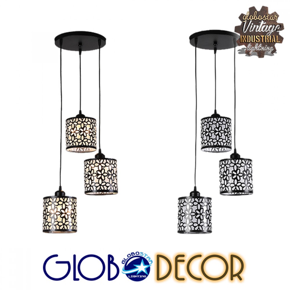GloboStar® RAINELDA 01246 Μοντέρνο Κρεμαστό Φωτιστικό Πλέγμα Τρίφωτο 3 x E27 IP20 Μαύρο Μέταλλο με Λευκό Γυαλί - Μ60 x Π6 x Υ6cm