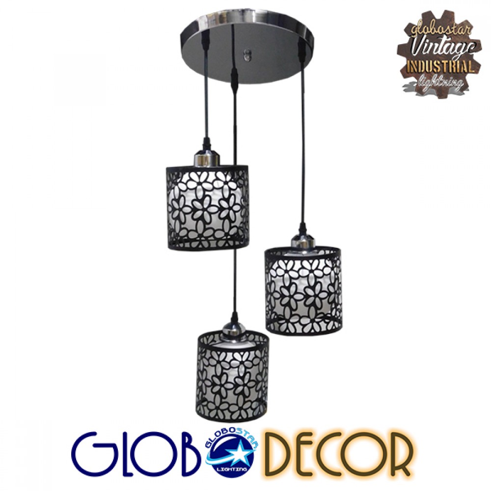 GloboStar® RAINELDA 01246 Μοντέρνο Κρεμαστό Φωτιστικό Πλέγμα Τρίφωτο 3 x E27 IP20 Μαύρο Μέταλλο με Λευκό Γυαλί - Μ60 x Π6 x Υ6cm