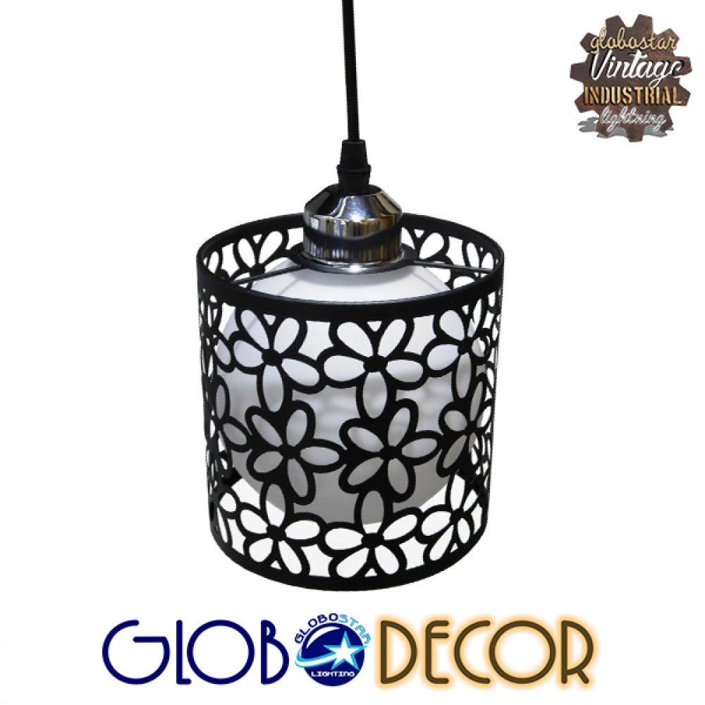 GloboStar® RAINELDA 01246 Μοντέρνο Κρεμαστό Φωτιστικό Οροφής Τρίφωτο 3 x E27 Μαύρο Μεταλλικό Πλέγμα με Λευκό Γυαλί Φ40 x Y19cm