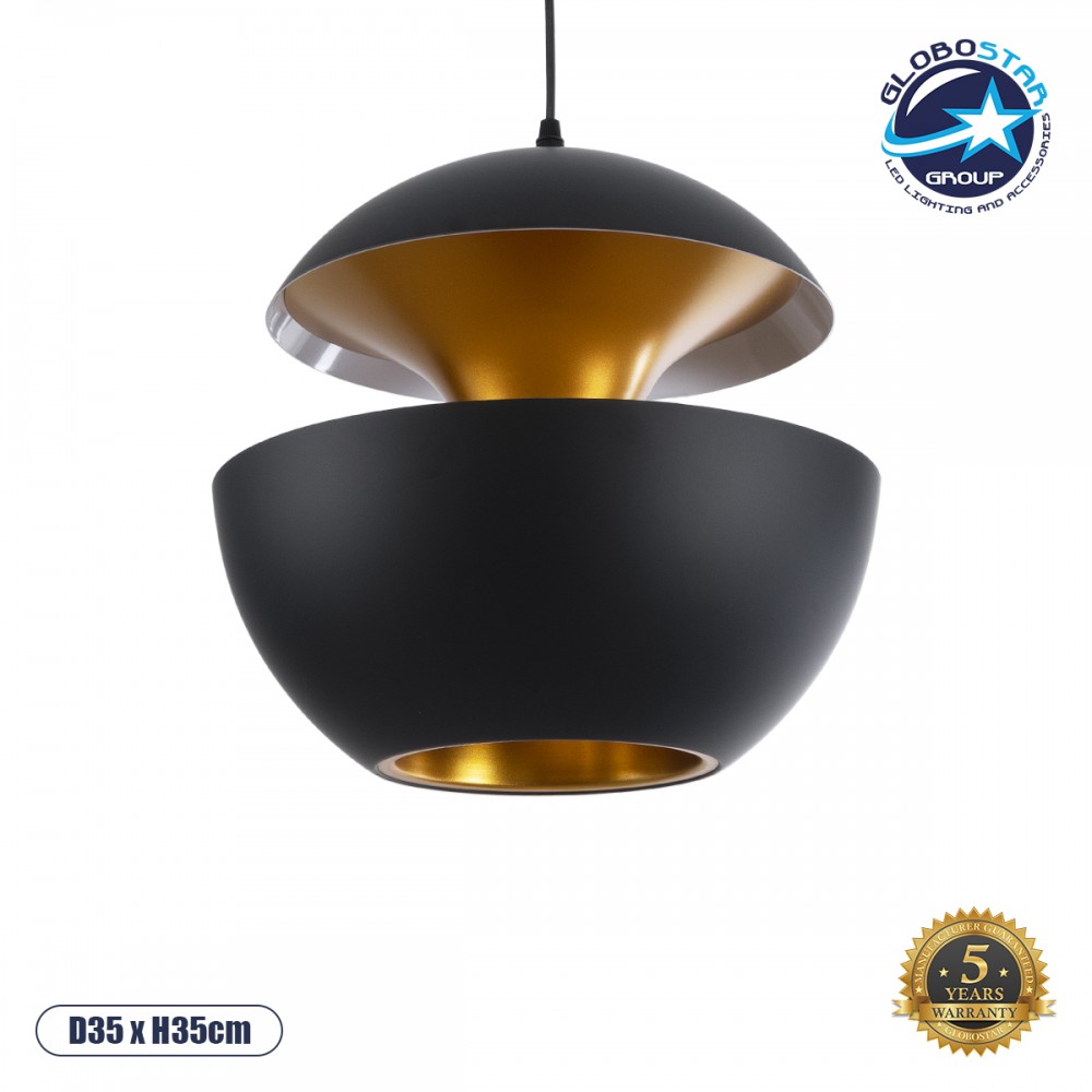 GloboStar® SEVILLE 01269 Μοντέρνο Κρεμαστό Φωτιστικό Ανάρτηση Μονόφωτο 1 x E27 IP20 Μαύρο & Χρυσό Μέταλλο - Μ35 x Π35 x Υ35cm