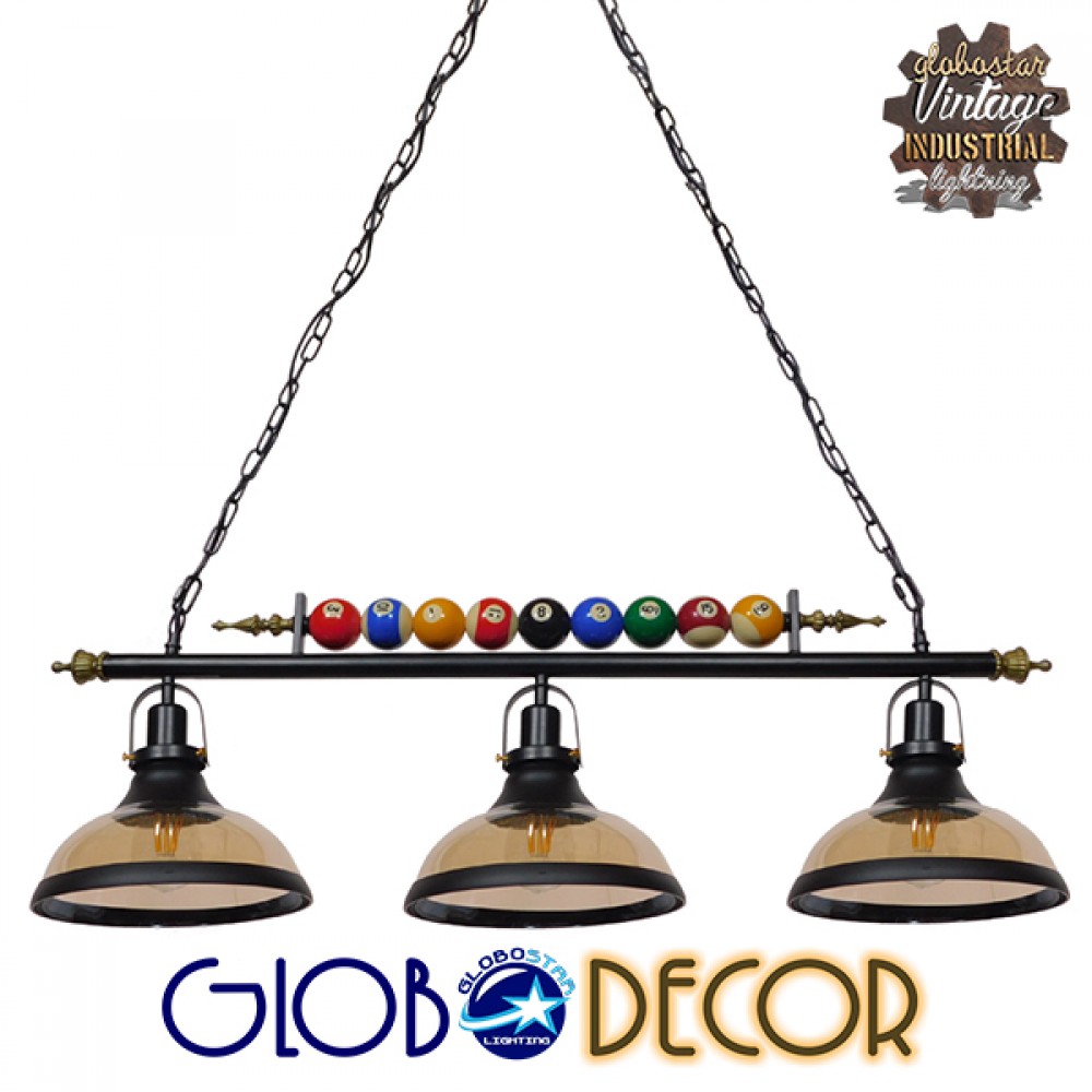 GLOBOSTAR® BILLIARD SERIES 01280 Vintage Κρεμαστό Φωτιστικό Οροφής με Ντουί 3 x E27 AC 220-240V IP20 - Μπεζ & Μελί - Μ96 x Π25 x Υ30cm
