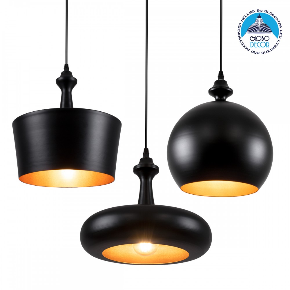 GloboStar® ROCKFORD 01287 Μοντέρνο Κρεμαστό Φωτιστικό Καμπάνα Τρίφωτο 3 x E27 IP20 Μαύρο & Χρυσό Μέταλλο - Μ86 x Π86 x Υ30cm