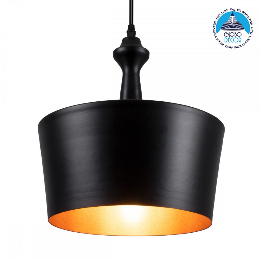 GloboStar® ROCKFORD 01287-A Μοντέρνο Κρεμαστό Φωτιστικό Καμπάνα Μονόφωτο 1 x E27 IP20 Μαύρο & Χρυσό Μέταλλο - Μ30 x Π30 x Y30cm