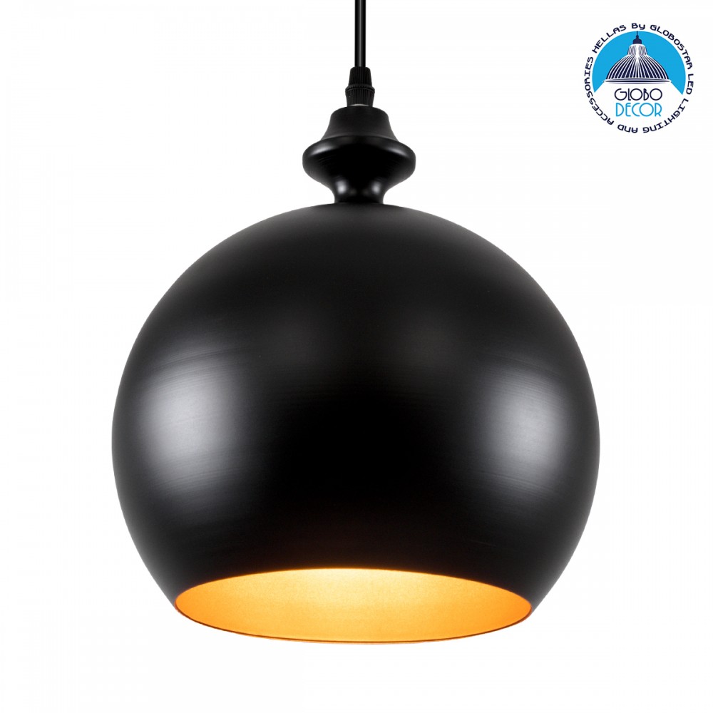 GloboStar® ROCKFORD 01287-B Μοντέρνο Κρεμαστό Φωτιστικό Καμπάνα Μονόφωτο 1 x E27 IP20 Μαύρο & Χρυσό Μέταλλο - Μ24 x Π24 x Y27cm