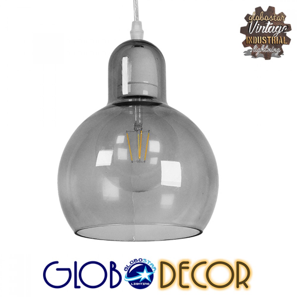 GloboStar® BOSSANOVA 01313 Μοντέρνο Κρεμαστό Φωτιστικό Ανάρτηση Μονόφωτο 1 x E27 IP20 Γκρι Γυαλί - Μ18 x Π18 x Υ23cm