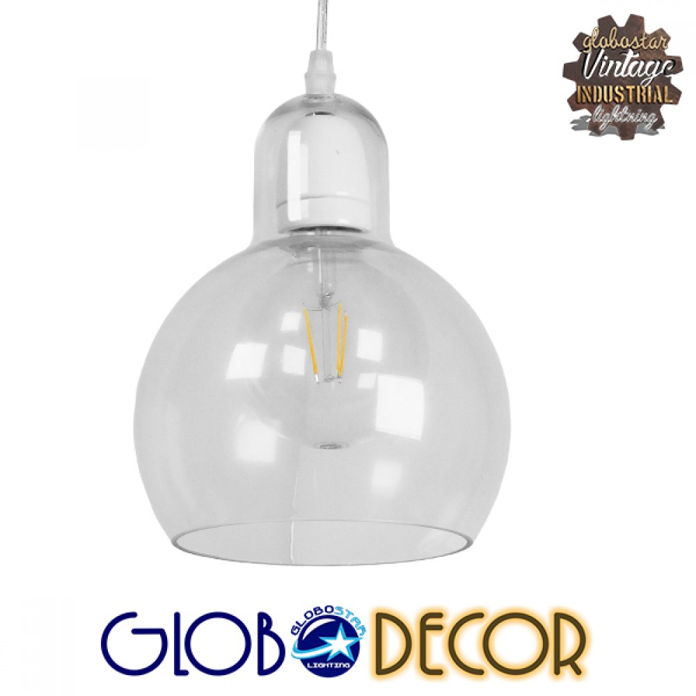 GloboStar® LUCREZIA 01314 Μοντέρνο Κρεμαστό Φωτιστικό Ανάρτηση Μονόφωτο 1 x E27 IP20 Διάφανο Γυαλί - Μ18 x Π18 x Υ23cm