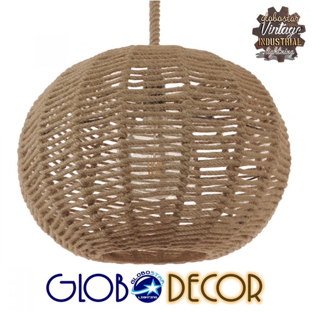 GloboStar® MANDALA 01331 Vintage Κρεμαστό Φωτιστικό Πλέγμα Μονόφωτο 1 x E27 IP20 Μπεζ Σχοινί - Μ40 x Π40 x Υ33cm