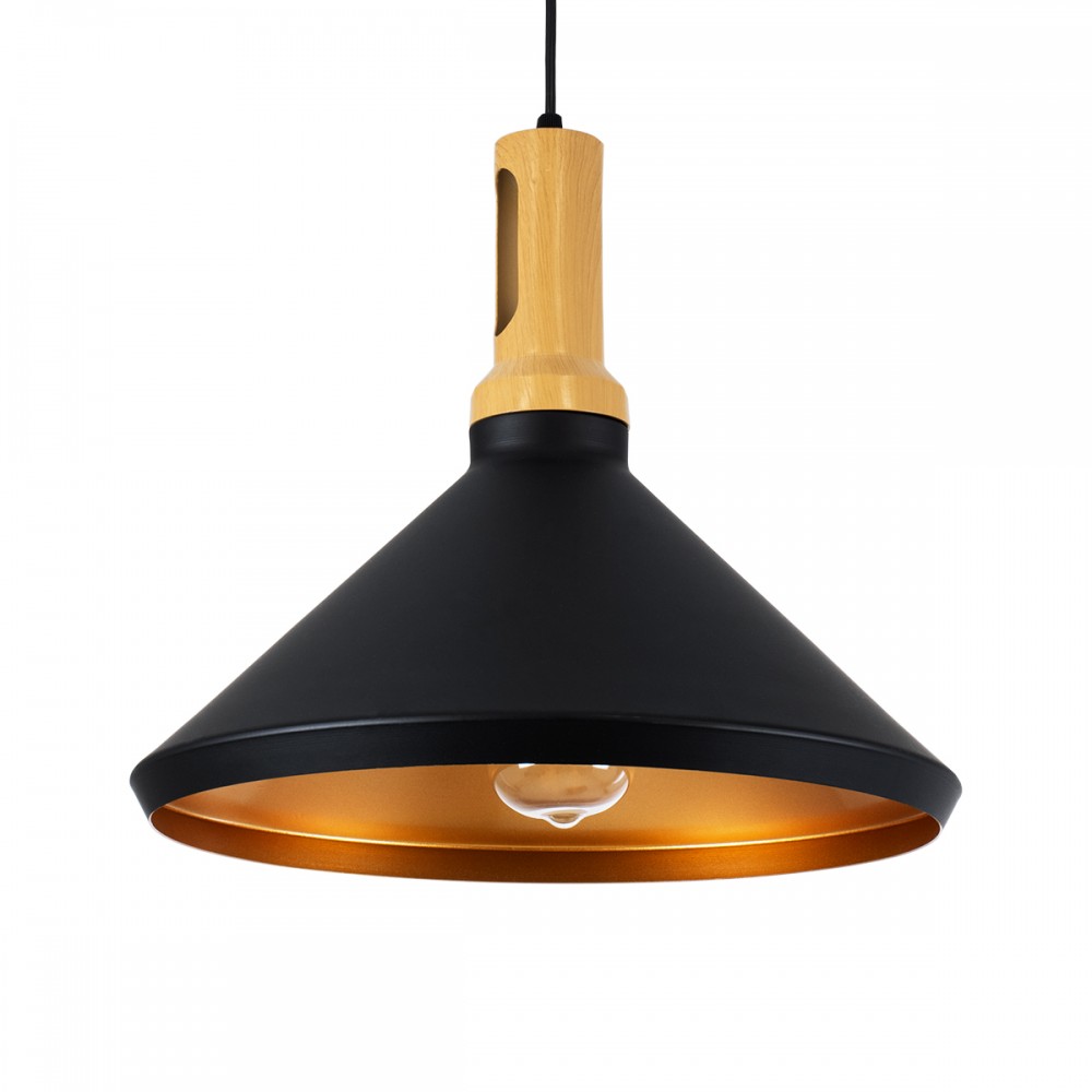 GloboStar® CALYPSO 01334-A Μοντέρνο Κρεμαστό Φωτιστικό Καμπάνα Μονόφωτο 1 x E27 IP20 Μαύρο & Χρυσό Μέταλλο με Μπεζ Ξύλο - Μ36 x Π36 x Υ30cm