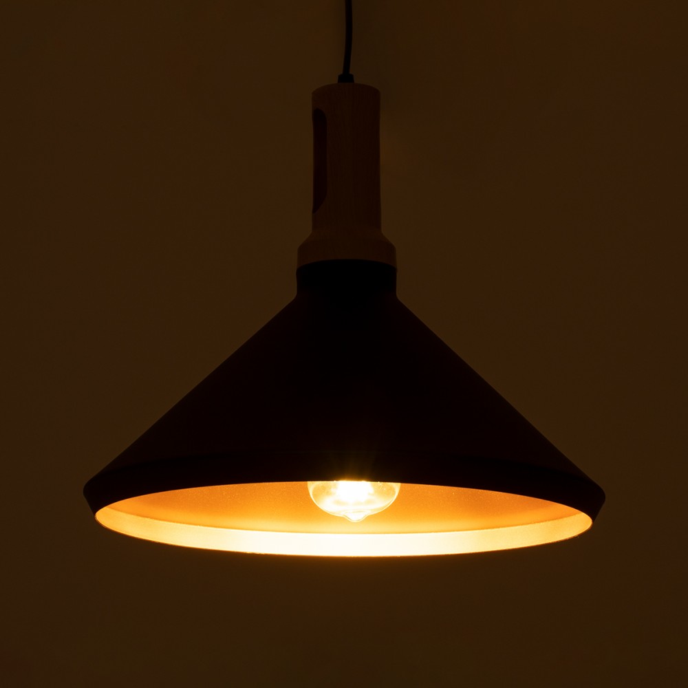 GloboStar® CALYPSO 01334-A Μοντέρνο Κρεμαστό Φωτιστικό Οροφής Μονόφωτο 1 x E27 Μαύρο - Χρυσό Μεταλλικό με Ξύλινη Βάση Καμπάνα Φ36 x Υ30cm