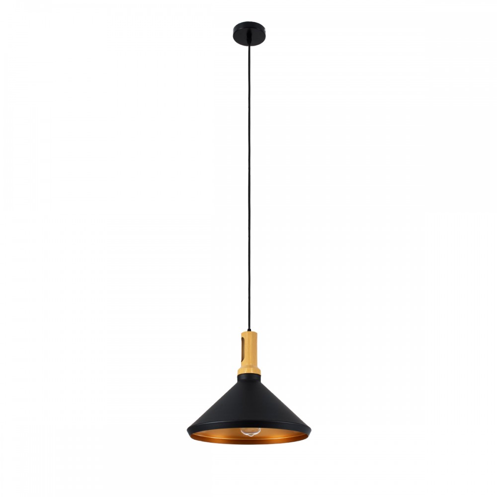 GloboStar® CALYPSO 01334-A Μοντέρνο Κρεμαστό Φωτιστικό Οροφής Μονόφωτο 1 x E27 Μαύρο - Χρυσό Μεταλλικό με Ξύλινη Βάση Καμπάνα Φ36 x Υ30cm