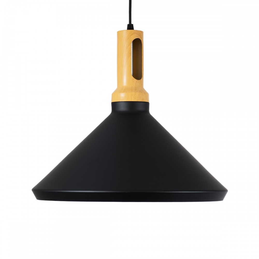 GloboStar® CALYPSO 01334-A Μοντέρνο Κρεμαστό Φωτιστικό Οροφής Μονόφωτο 1 x E27 Μαύρο - Χρυσό Μεταλλικό με Ξύλινη Βάση Καμπάνα Φ36 x Υ30cm