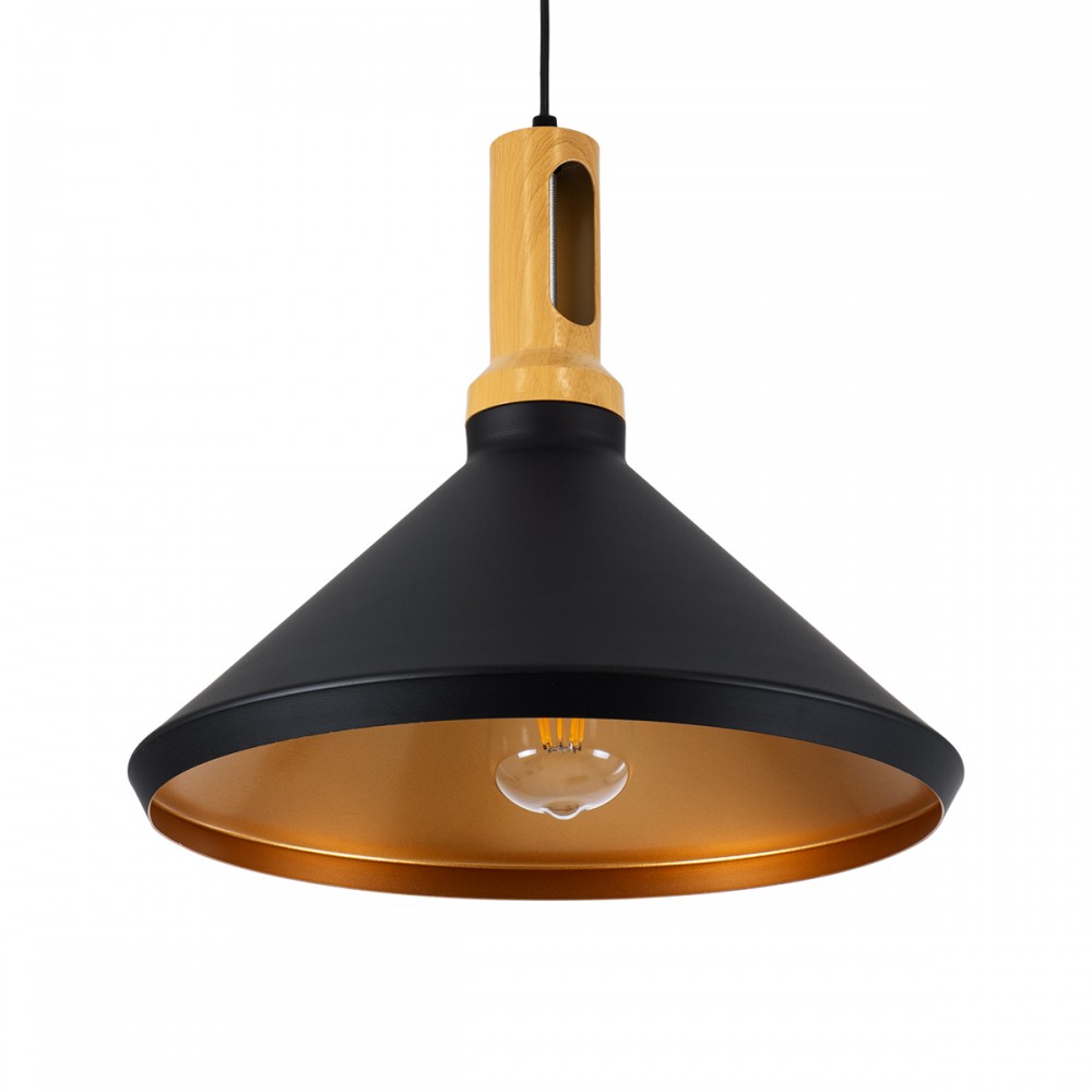 GloboStar® CALYPSO 01334-A Μοντέρνο Κρεμαστό Φωτιστικό Οροφής Μονόφωτο 1 x E27 Μαύρο - Χρυσό Μεταλλικό με Ξύλινη Βάση Καμπάνα Φ36 x Υ30cm