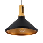 GloboStar® CALYPSO 01334-A Μοντέρνο Κρεμαστό Φωτιστικό Οροφής Μονόφωτο 1 x E27 Μαύρο - Χρυσό Μεταλλικό με Ξύλινη Βάση Καμπάνα Φ36 x Υ30cm