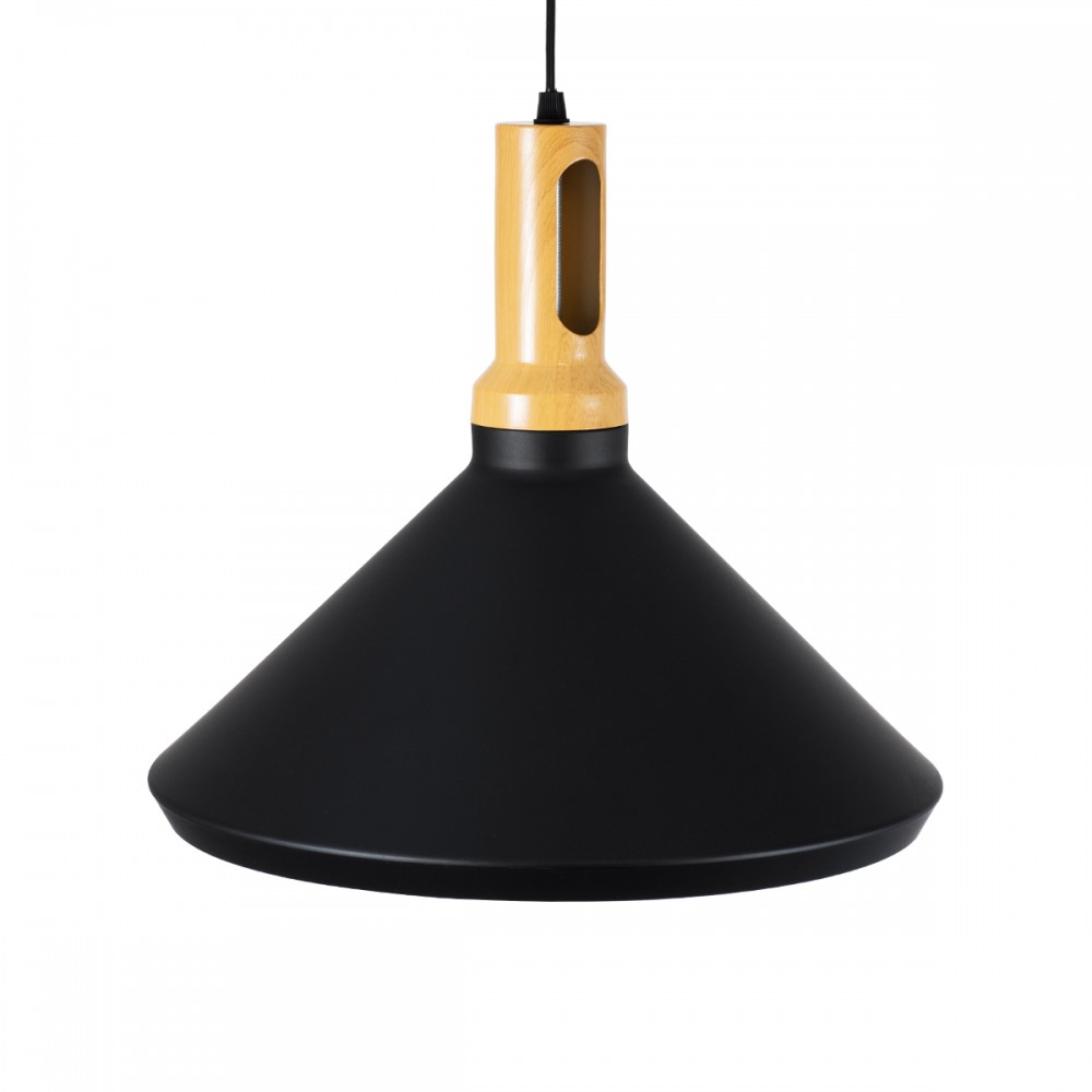 GloboStar® CALYPSO 01334-A Μοντέρνο Κρεμαστό Φωτιστικό Οροφής Μονόφωτο 1 x E27 Μαύρο - Χρυσό Μεταλλικό με Ξύλινη Βάση Καμπάνα Φ36 x Υ30cm