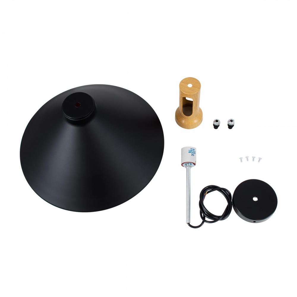 GloboStar® CALYPSO 01334-A Μοντέρνο Κρεμαστό Φωτιστικό Οροφής Μονόφωτο 1 x E27 Μαύρο - Χρυσό Μεταλλικό με Ξύλινη Βάση Καμπάνα Φ36 x Υ30cm
