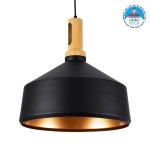 GloboStar® CALYPSO 01334-B Μοντέρνο Κρεμαστό Φωτιστικό Οροφής Μονόφωτο 1 x E27 Μαύρο - Χρυσό Μεταλλικό με Ξύλινη Βάση Καμπάνα Φ36 x Υ35cm