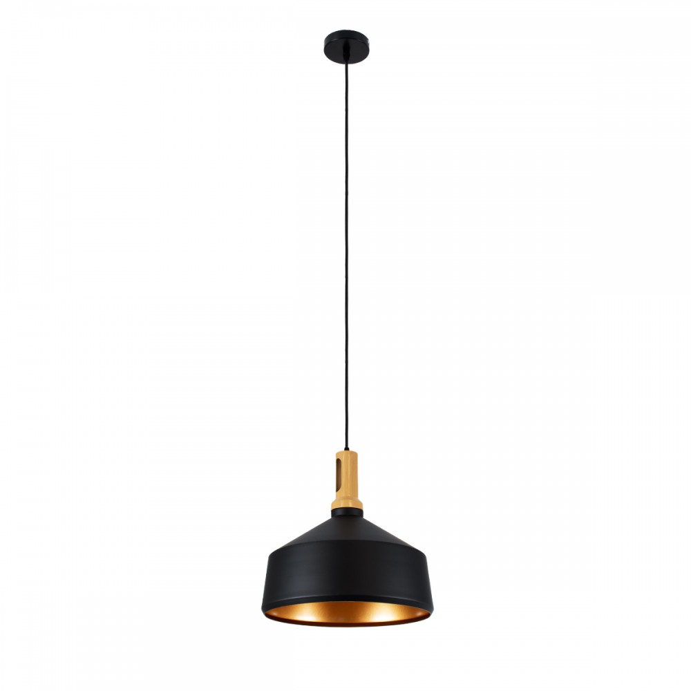 GloboStar® CALYPSO 01334-B Μοντέρνο Κρεμαστό Φωτιστικό Οροφής Μονόφωτο 1 x E27 Μαύρο - Χρυσό Μεταλλικό με Ξύλινη Βάση Καμπάνα Φ36 x Υ35cm