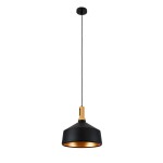 GloboStar® CALYPSO 01334-B Μοντέρνο Κρεμαστό Φωτιστικό Οροφής Μονόφωτο 1 x E27 Μαύρο - Χρυσό Μεταλλικό με Ξύλινη Βάση Καμπάνα Φ36 x Υ35cm