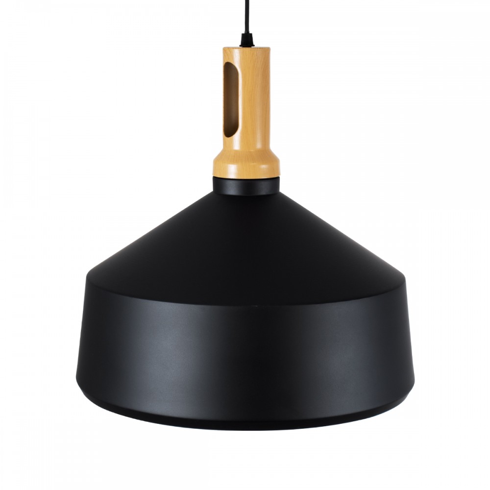 GloboStar® CALYPSO 01334-B Μοντέρνο Κρεμαστό Φωτιστικό Οροφής Μονόφωτο 1 x E27 Μαύρο - Χρυσό Μεταλλικό με Ξύλινη Βάση Καμπάνα Φ36 x Υ35cm