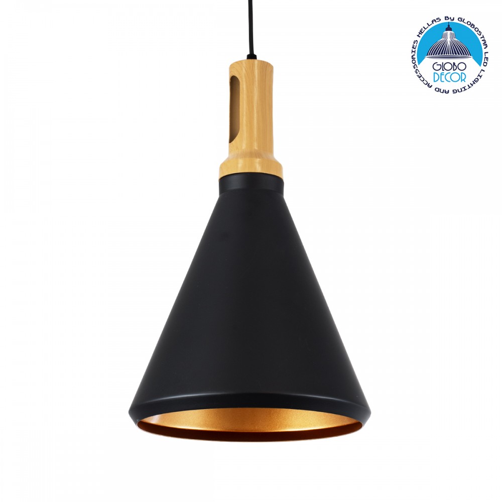 GloboStar® CALYPSO 01334-C Μοντέρνο Κρεμαστό Φωτιστικό Καμπάνα Μονόφωτο 1 x E27 IP20 Μαύρο & Χρυσό Μέταλλο με Μπεζ Ξύλο - Μ25 x Π25 x Υ40cm