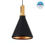 GloboStar® CALYPSO 01334-C Μοντέρνο Κρεμαστό Φωτιστικό Οροφής Μονόφωτο 1 x E27 Μαύρο - Χρυσό Μεταλλικό με Ξύλινη Βάση Καμπάνα Φ25 x Υ40cm