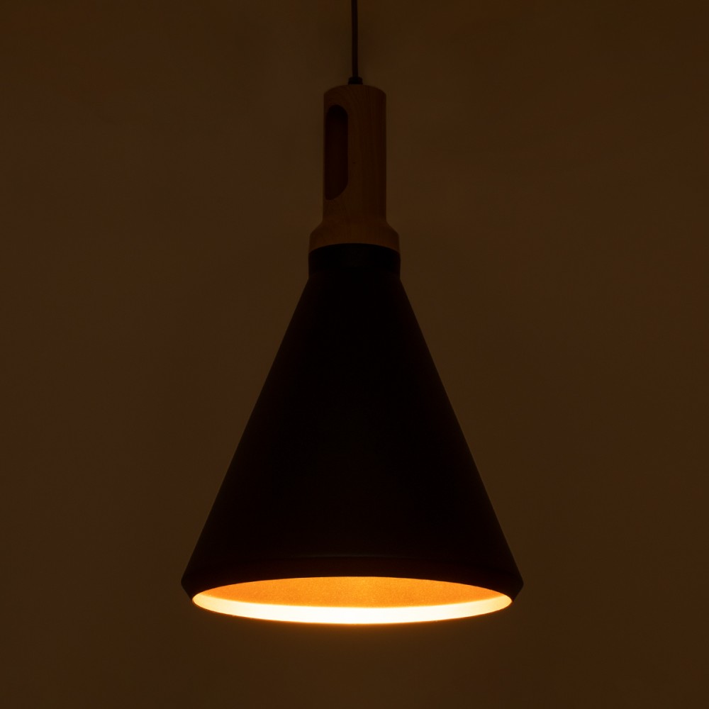 GloboStar® CALYPSO 01334-C Μοντέρνο Κρεμαστό Φωτιστικό Οροφής Μονόφωτο 1 x E27 Μαύρο - Χρυσό Μεταλλικό με Ξύλινη Βάση Καμπάνα Φ25 x Υ40cm