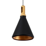 GloboStar® CALYPSO 01334-C Μοντέρνο Κρεμαστό Φωτιστικό Οροφής Μονόφωτο 1 x E27 Μαύρο - Χρυσό Μεταλλικό με Ξύλινη Βάση Καμπάνα Φ25 x Υ40cm