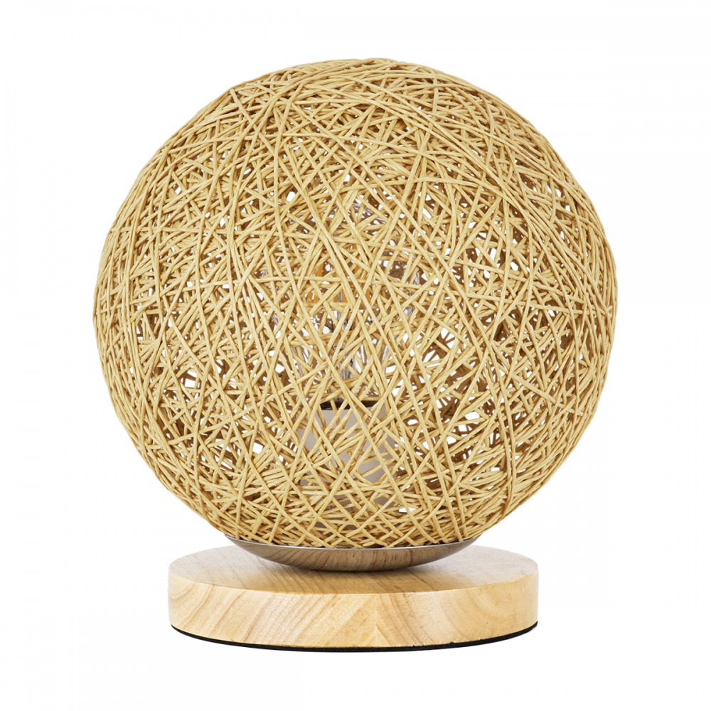 GloboStar® OCEANA 01336 Μοντέρνο Επιτραπέζιο Φωτιστικό Πορτατίφ Μονόφωτο 1 x E27 IP20 Μπεζ Ρατάν με Μπεζ Ξύλο - M20 x Π20 x Υ22cm