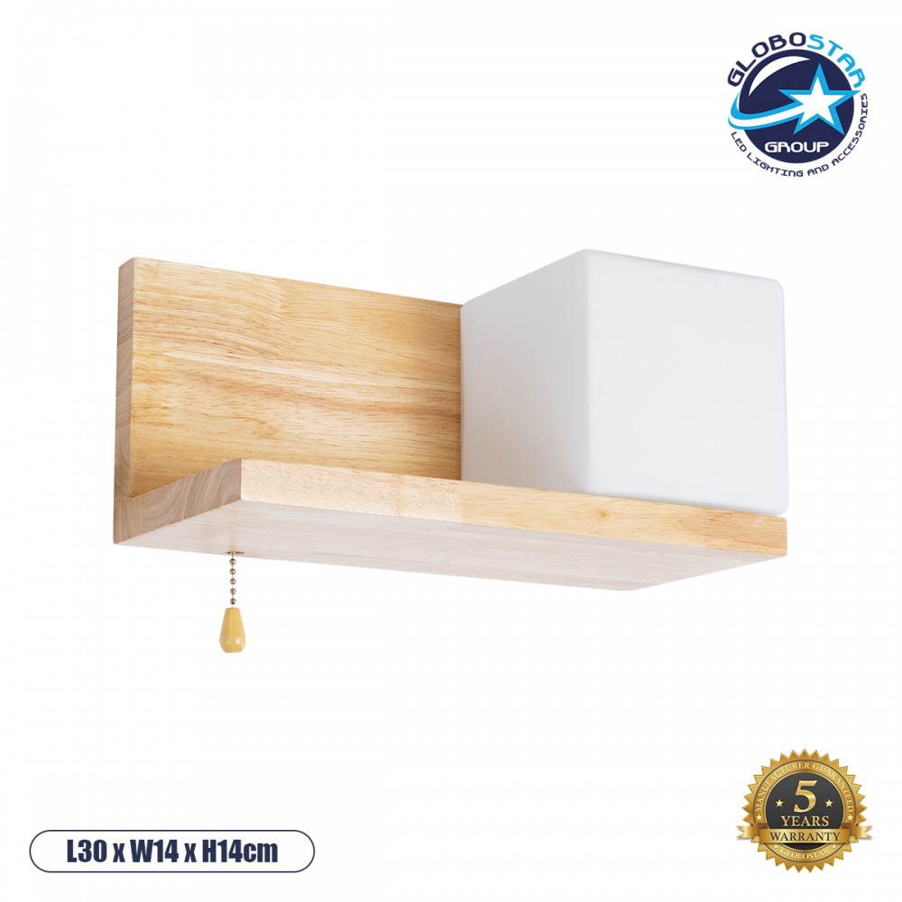 GloboStar® AMITY 01366 Μοντέρνο Επιτοίχιο Φωτιστικό Απλίκα Μονόφωτο 1 x E27 IP20 Μπεζ Ξύλο με Λευκό Γυαλί - Μ30 x Π14.5 x Υ15cm