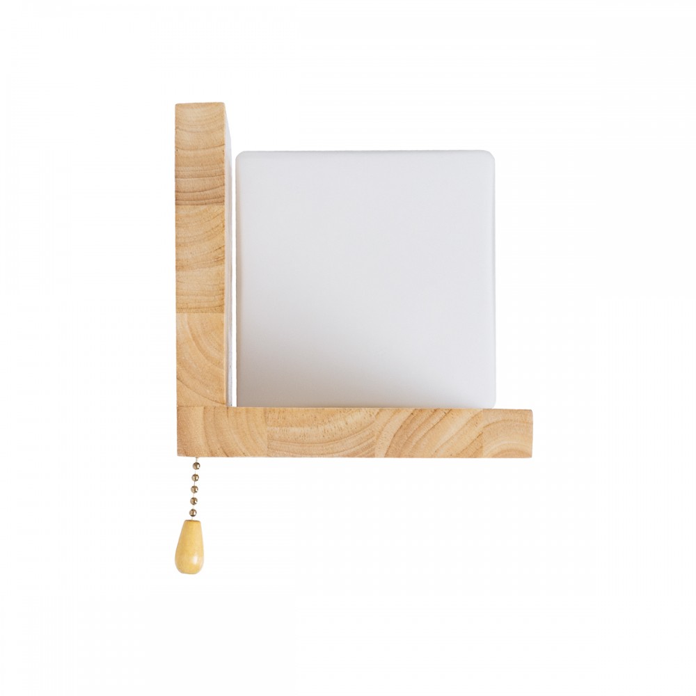 GloboStar® AMITY RIGHT 01366 Μοντέρνο Φωτιστικό Τοίχου Απλίκα Ραφάκι Μονόφωτο 1 x E27 AC220-240V IP20 - Μ30 x Π14 x Υ14cm - Μπεζ Ξύλινο με Λευκό Ματ Γυαλί Κύβος - 5 Χρόνια Εγγύηση
