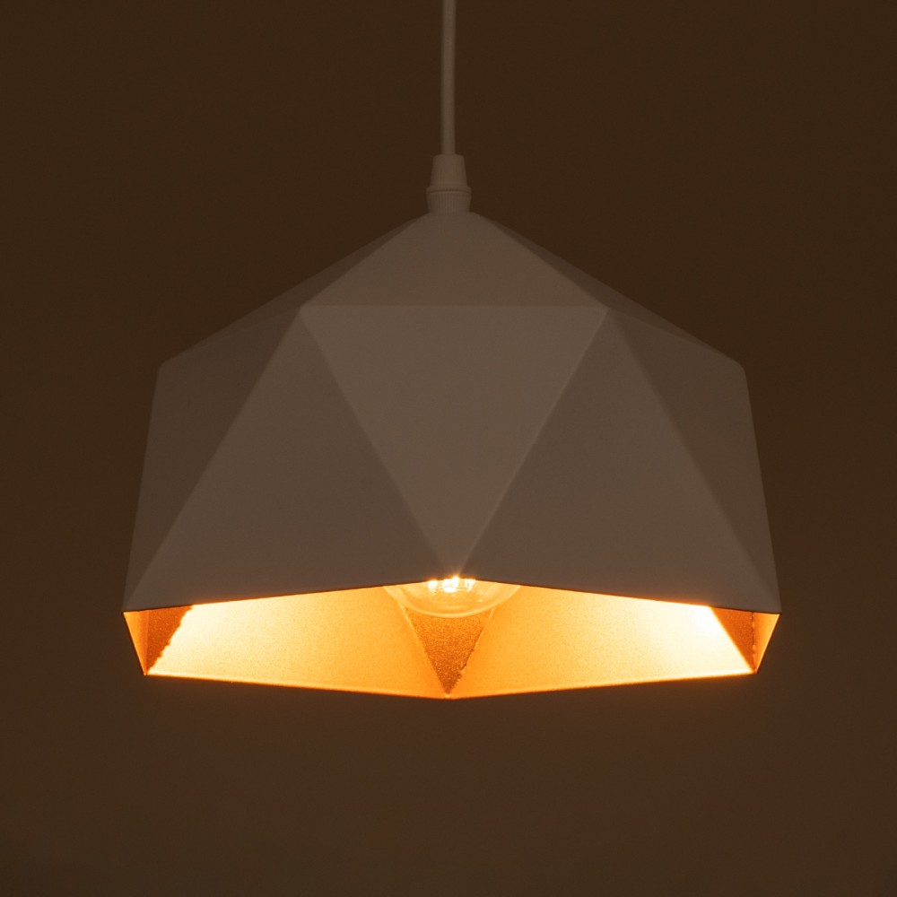GloboStar® HEXAGON 01377 Μοντέρνο Κρεμαστό Φωτιστικό Οροφής Μονόφωτο 1 x E27 Λευκό Χρυσό Μεταλλικό Καμπάνα Φ21.5 x Υ15cm