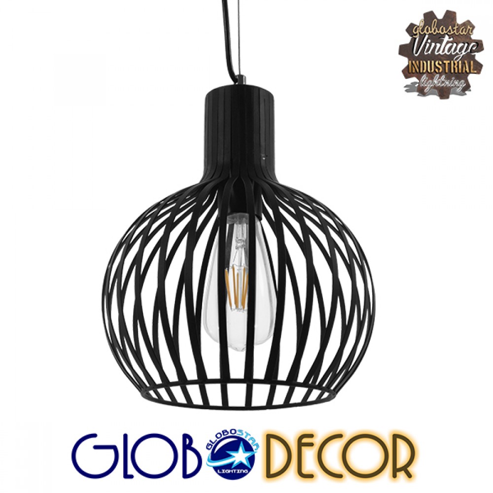 GloboStar® SCANDI 01386 Vintage Κρεμαστό Φωτιστικό Πλέγμα Μονόφωτο 1 x E27 IP20 Μαύρο Μέταλλο - Μ23 x Π23 x Υ30cm