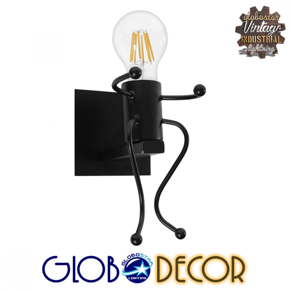 GloboStar® LITTLE MAN 01388 Μοντέρνο Επιτοίχιο Φωτιστικό Απλίκα Μονόφωτο 1 x E27 IP20 Μαύρο Μέταλλο - Μ12 x Π19 x Υ17cm