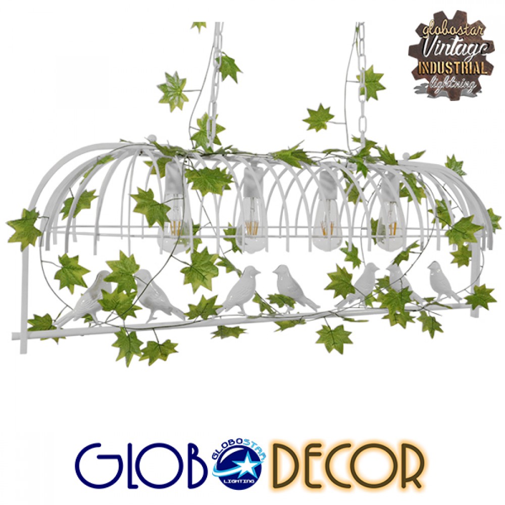 GloboStar® NEST 01403 Vintage Κρεμαστό Φωτιστικό Φιγούρα Πολύφωτο 4 x E27 IP20 Λευκό Μέταλλο με Πράσινο Πλαστικό - Μ103 x Π34 x Υ36.5cm